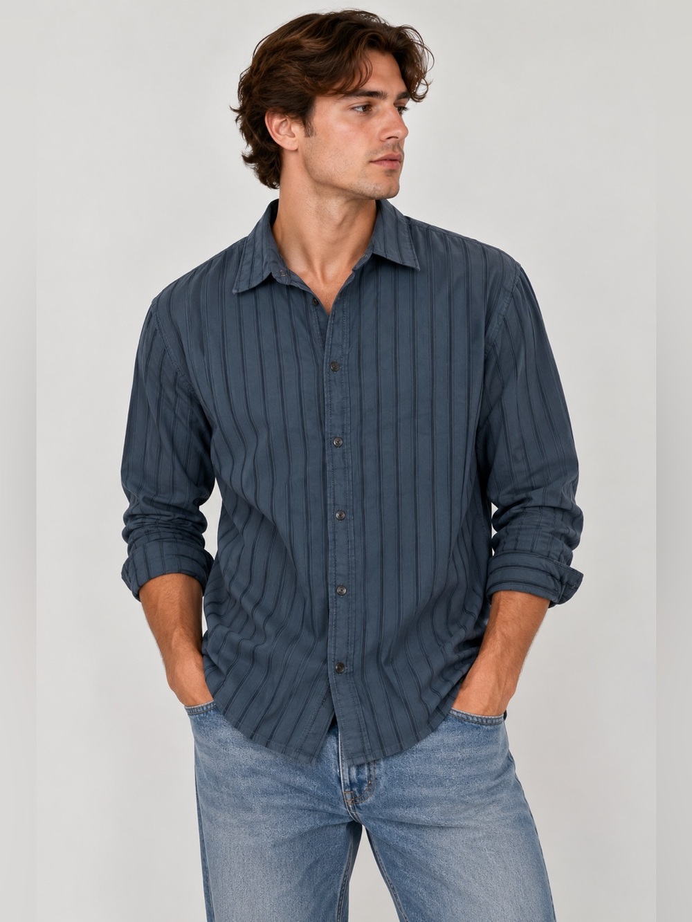 A/X Armani Exchange Slate Blue Vertical Stripe Button-Down Slim Shirt